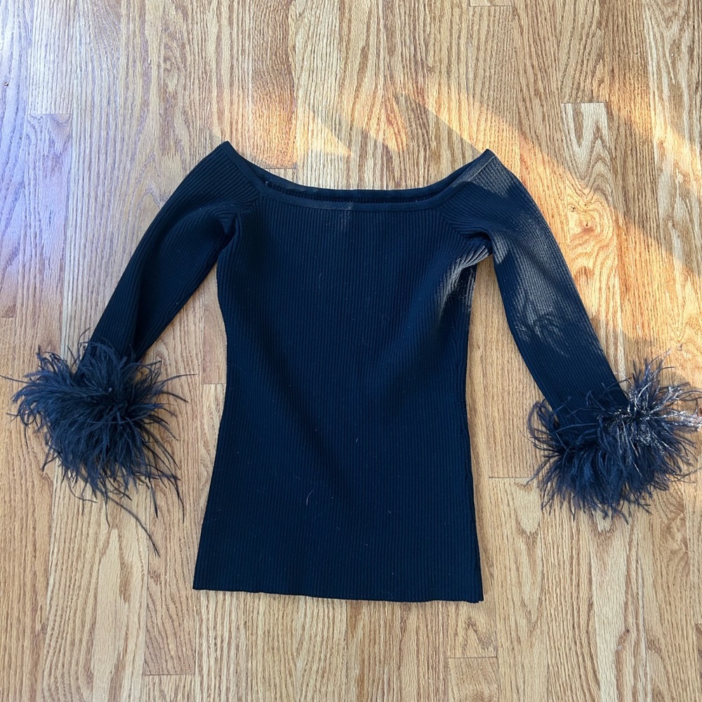 Milly Black Off-the-Shoulder Feather Cuff Sweater